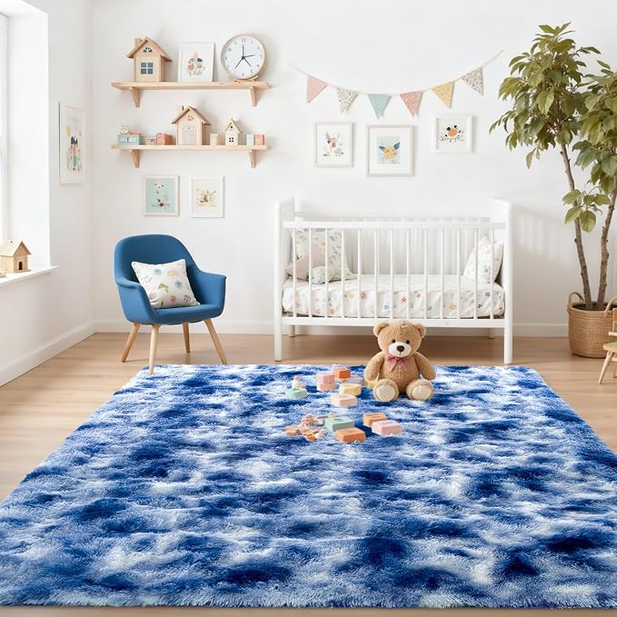 5x7 ft Fuzzy Rug for Living Room Soft Fluffy Blue White Bedroom Area Rugs Non-Slip Shaggy Carpet for Nursery Kids PlayRoom Dorm Office Indoor Modern Plush Carpets