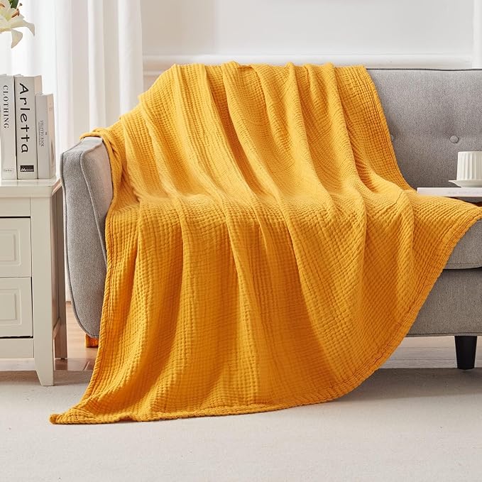 EMME Muslin Blankets for Adults Throw Blanket for Couch Breathable Gauze Soft Lightweight Airy Mustard Yellow Throw XL 50" x 71"