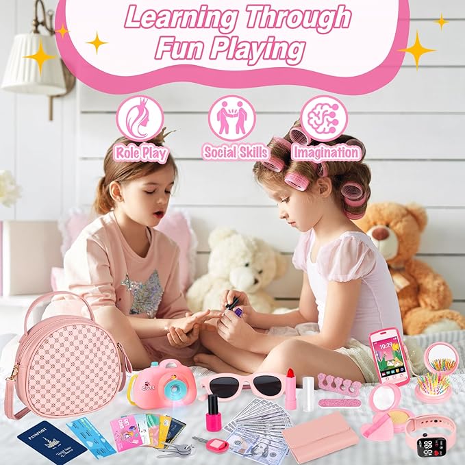Toddler Play Purse Toy for Little Girls, 40PCS Kids Purse with Pretend Princess Toys Includes Handbag, Camera with Projector, Phone, Wallet, Kids Birthday Gift Toddler Girl Toys for 3 4 5 6+
