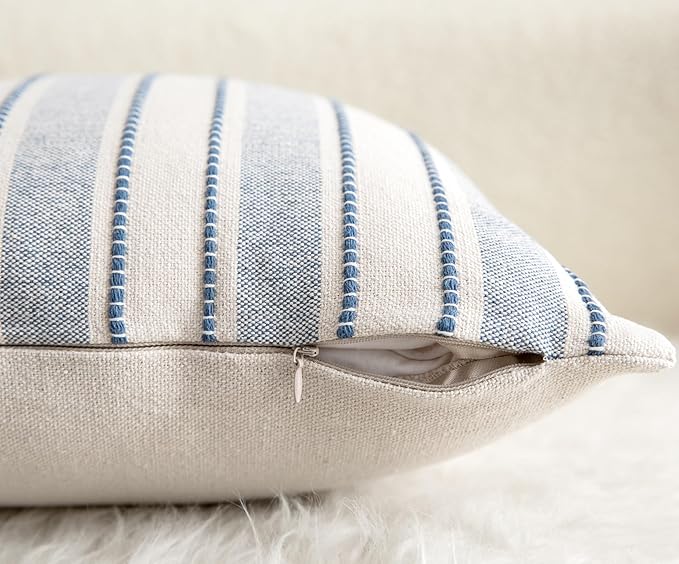 Cethom Decorative Boho Lumbar Throw Pillow Covers, Farmhouse Textured Pillow Case, 12 x 20 Inch Set of 2, Chair Sofa Bedroom Living Room Home Decor Couch Cushion Case, Classic Blue and Beige