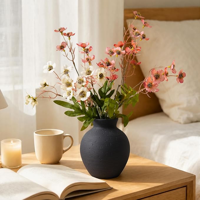 Ceramic Flower Vase Home Decor, 6 in Farmhouse Table Black Vases Rustic Vintage Living Room Kitchen Bedroom Decorations Pottery Decorative Vase for House Book Shelf Office Coffee Desk Dining Fireplace