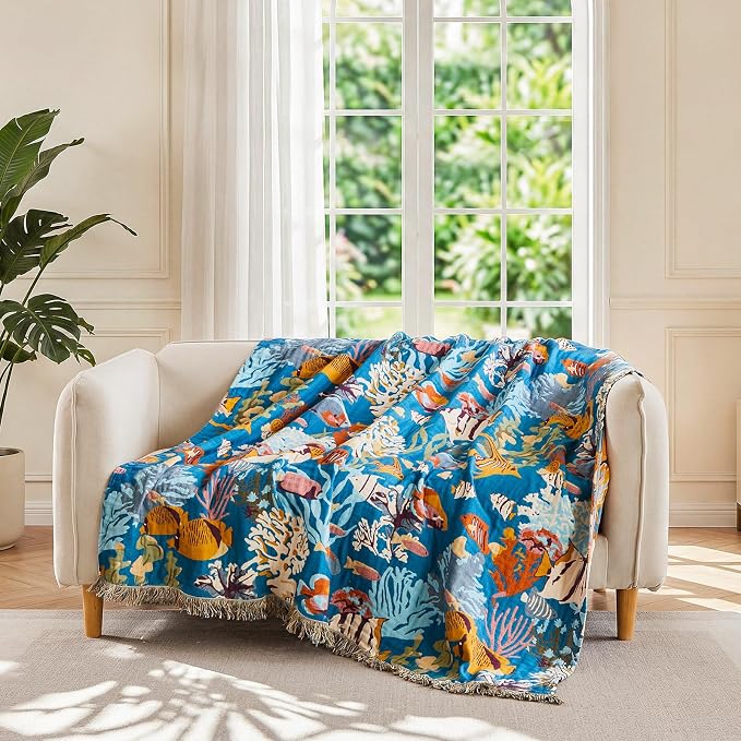 LUTBM Boho Throw Blanket for Bed 60"x80", All Season Cotton Couch Blankets | Underwater Ocean Life Jacquard, Twin Quilt, For Chair Sofa Bedroom Living Room, Lightweight & Breathable Gauze, Home Decor