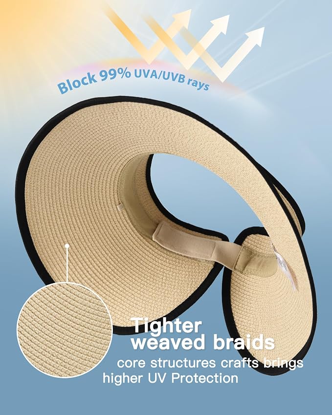 FURTALK Womens Sun Hat with Ponytail Hole Wide Brim Beach Straw Visor | Foldable & Packable for Beach Vacations, Adjustable Fit for Messy Buns, Detachable Windproof Strap, Sweat-Wicking Inner Band