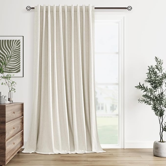 Guken Extra Wide 100% Blackout Linen Curtains for Bedroom 108 Inch Long 9 FT Natural Cream Black Out Curtain Back Tab Room Darkening Window Drapes for Living Room 1 Panels Beige Ivory 60x108