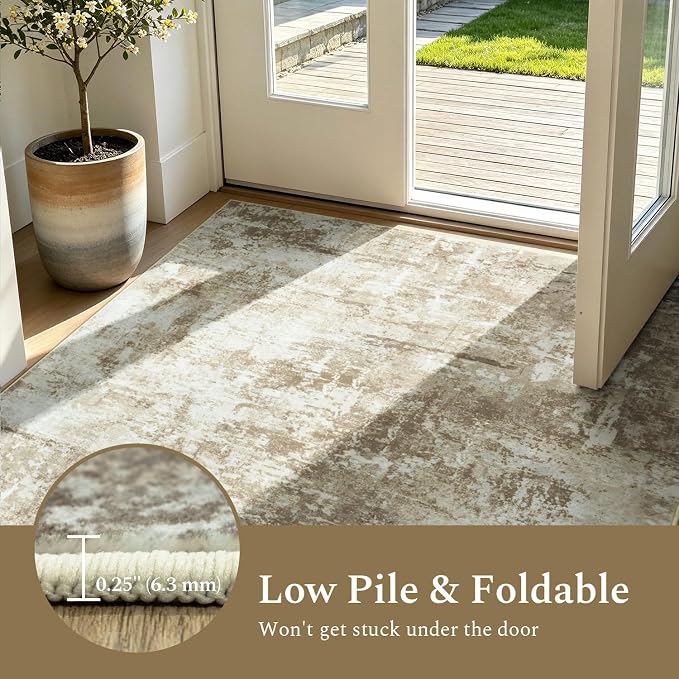 Rugflix 5x7 Area Rugs for Living Room, Washable Brown Large Rug | Machine Washable; Stain-Resistant; Low Pile; Non-Slip; Modern Abstract; Carpet for Bedroom Dining Office Nursery Home