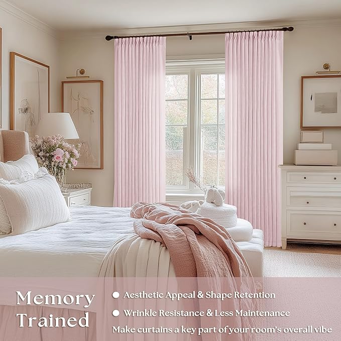 Light Pink Linen Pinch Pleat Curtains 90 Inch Length 2 Panels Set 40x90 | for Nursery Girls Bedroom Living Room, Pinch Pleat Memory Shape Trained, Light Filtering Privacy Semi Sheer, Baby Pink Blush
