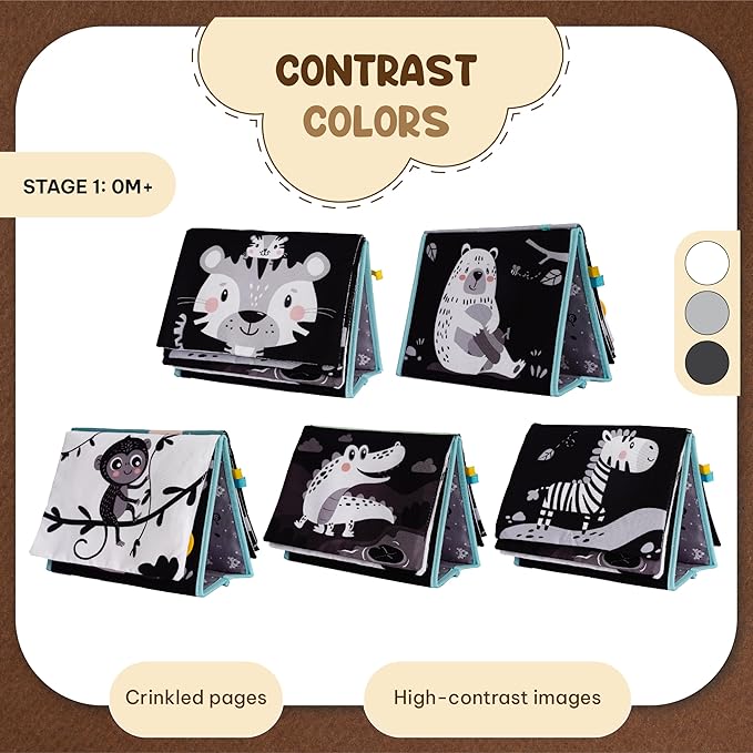TINITIGIES Tummy Time Mirror for Babies 0-6 Months | High Contrast Black & White Baby Book with Silicone Teether & Crinkle Pages | Sensory Newborn Tummy Time Toys