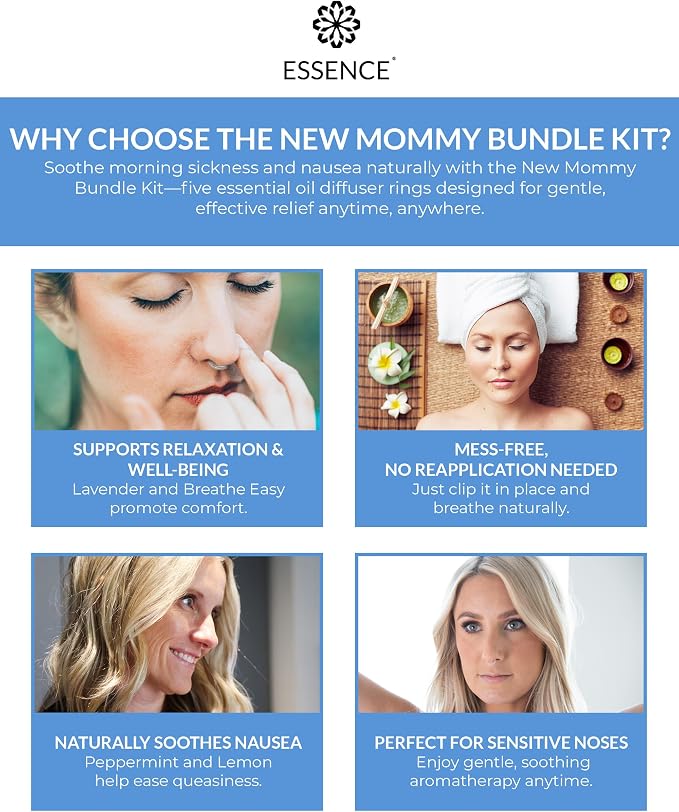 Essence Nasal Diffuser New Mommy Bundle – Essential Oil Silicone Nose Rings for Morning Sickness & Motion Sickness Support – Wearable Blends Pack for Pregnancy & Travel