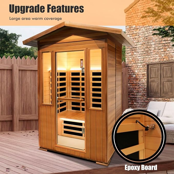 2 Person Outdoor Sauna Infrared Saunas Dry Sauna Room 120V Red Cedar and Canadian Hemlock Wood Wooden Sauna Spa 1800W APP Control 7 Color Light 48.8 * 37 * 87.4inch
