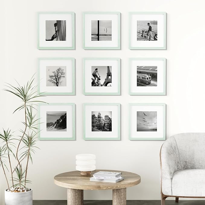 Vittanly 12x12 Picture Frames Set of 9 for Wall Mounting, Vintage Green | Display Pictures 8x8 with Mat or 12x12 without Mat for Wall Mounting, Square Photo Frames for Home Decor, Engineered Wood