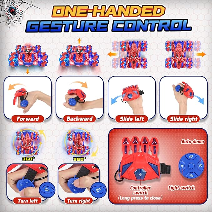 Spider Gesture Sensing Remote Control Car, Double Sided RC Cars with Full-Body Light, 2.4GHz Hand Controlled Rechargeable RC Stunt Car Toys for Boys 4 5 6 7 8 9 10 11 12
