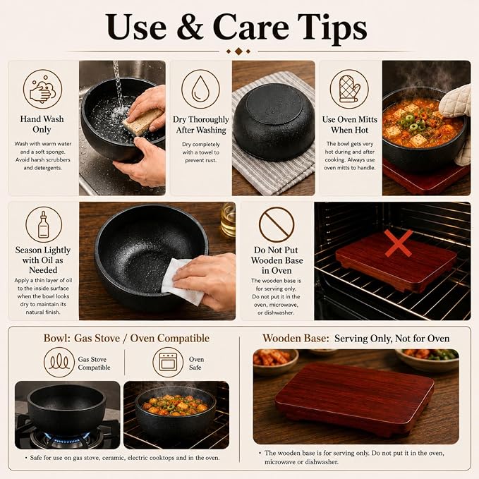XICHENGSHIDAI Cast Iron Dolsot Bibimbap Bowl, 31 Oz, Wooden Base | Heat-retaining Korean bowl for sizzling rice, bibimbap, soup and stew; includes a wooden base for convenient table serving.