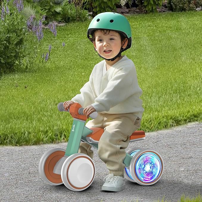 Colorful Lighting Baby Balance Bike Toys for 1 Year Old Boys Girls Gifts, Toddler First Bike 12-24 Months with Adjustable Soft Seat, 4 Silent Wheels Ride on Toy, Perfect First Birthday Gifts