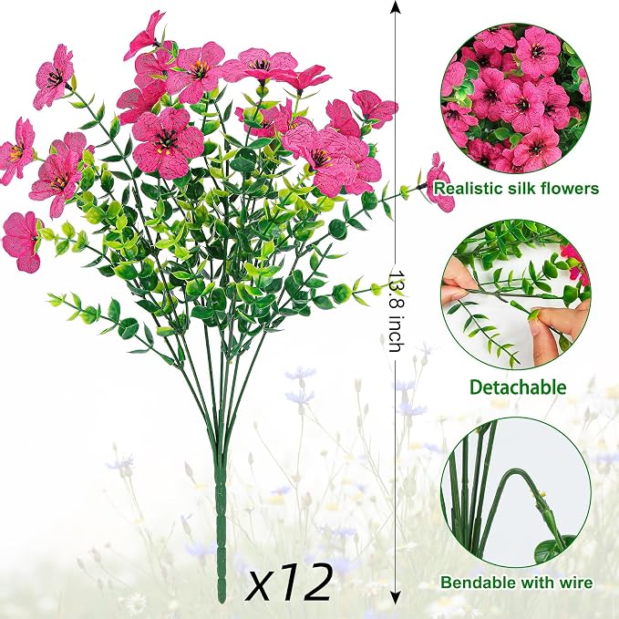Ouddy Decor 12 Pcs Artificial Flowers for Outdoors Decorations, Rose Red | Lifelike silk flowers, UV resistant, faux plastic plants, for garden porch window table vase home indoor outdoor decor
