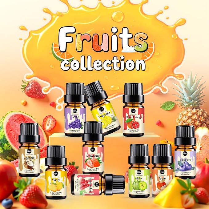 RAINBOW ABBY Fruity Fragrance Oil for Candle & Soap Making, 10 Fruit Scents in 5ML Bottles, Coconut, Strawberry, Watermelon, Mango, Pineapple, Summer Premium Aromatherapy Diffuser Oils Set