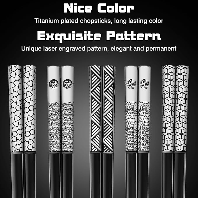 Stainless Steel Chopsticks Set-5 Pairs Reusable Metal Chopsticks 18/8 Dishwasher Safe, Non-Slip Laser Engraved Tips -Premium Japanese Korean Style Titanium Plated Black Chop sticks -Gift Box
