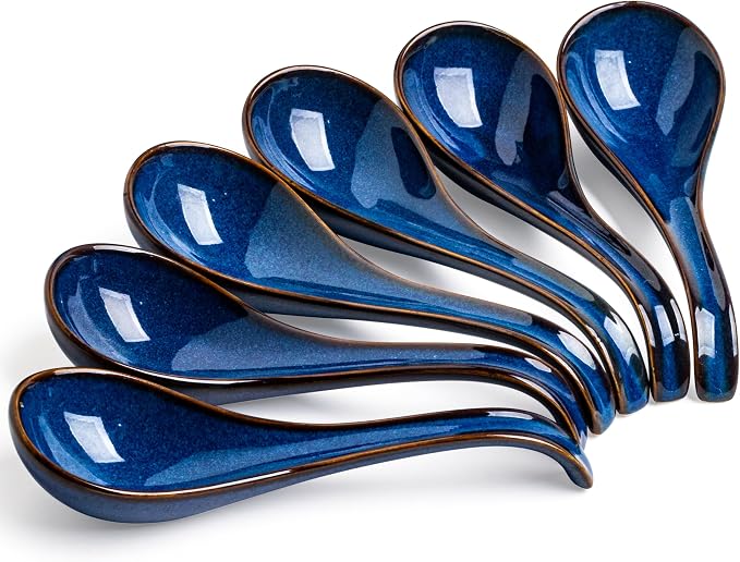 LYEOBOH Soup Spoons set of 6, Chinese Deep Soup Spoon - 6.5 inch Ceramic Korean Tablespoons for Ramen, Rice, Noodle, Asian Spoons with Deep Hook Design, Vintage Blue