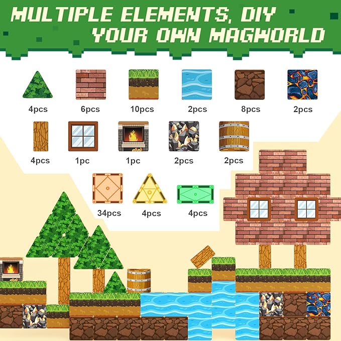 84PCS Magnetic Tiles Building Blocks with Toppers Simulate Mine Magworld Building Craft Construction Game Playset Kids Toys Learning Sensory Toys Gift for Age 4-6, 5-7, 8-12 Boys Girls Gamers