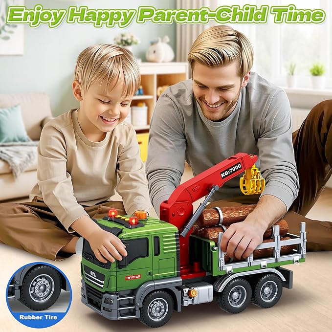 SpringFlower Boy Truck Toys, 3 4 5 6 Years Old Farm Truck Vehicle, Timber Toy with Loading Crane & Lights & Sounds, 3 4 5 6 Kids Toddles Birthday for Boys Girls