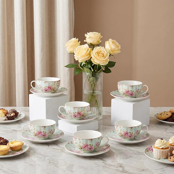 BTaT- Floral Tea Cups and Saucers, Set of 6, 7 oz, Fine Porcelain Teacup Set with Gold Trim for Afternoon Tea, Weddings, Parties & Gifting, Dishwasher Safe and Freezer Safe