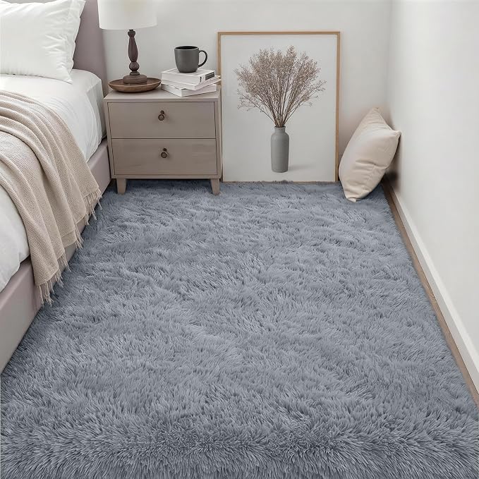 Fluffy 4x6 Area Rugs for Living Room Bedroom: Ultra Soft Shag Rug Non-Slip Non-Shedding Small Plush Bedside Rug Indoor Floor Carpets for Kids Room Playroom Entryway Nursery Dorms Home Decor Gray