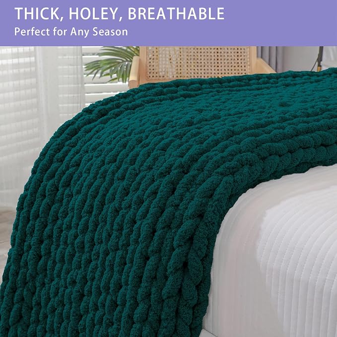 Bigacogo Chunky Knit Throw Blanket for Couch, 51x63 inches, Dark Green | Hand Knit with Jumbo Chenille, Soft Breathable Cable Knit for Sofa Bed Living Room, Machine Washable, Gift for Mom Friend