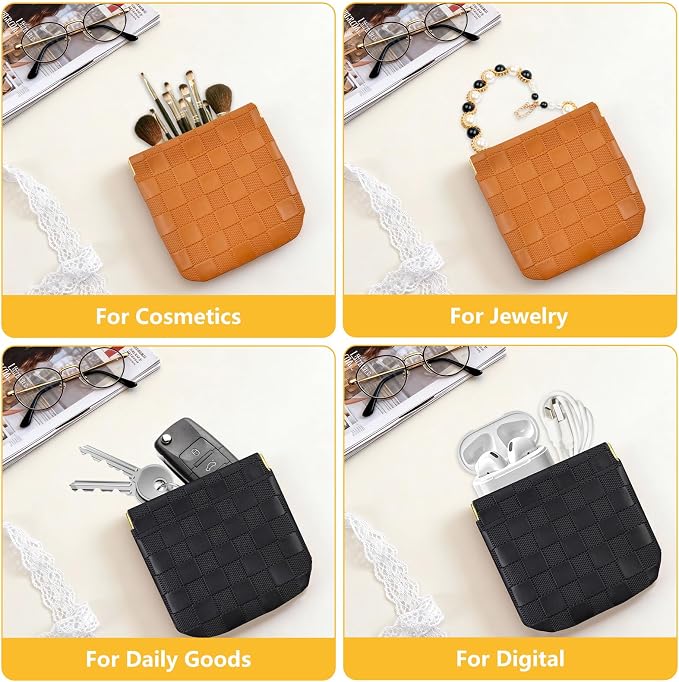 2 PCS Small Makeup Bag for Women, Small Pouches for Purse,Mini Checkered Cosmetic Bag Waterproof Pouch for Travel Storage bag, for Cosmetics Headphones Jewelry Cosmetic Lipstick Coins (Black,Brown)