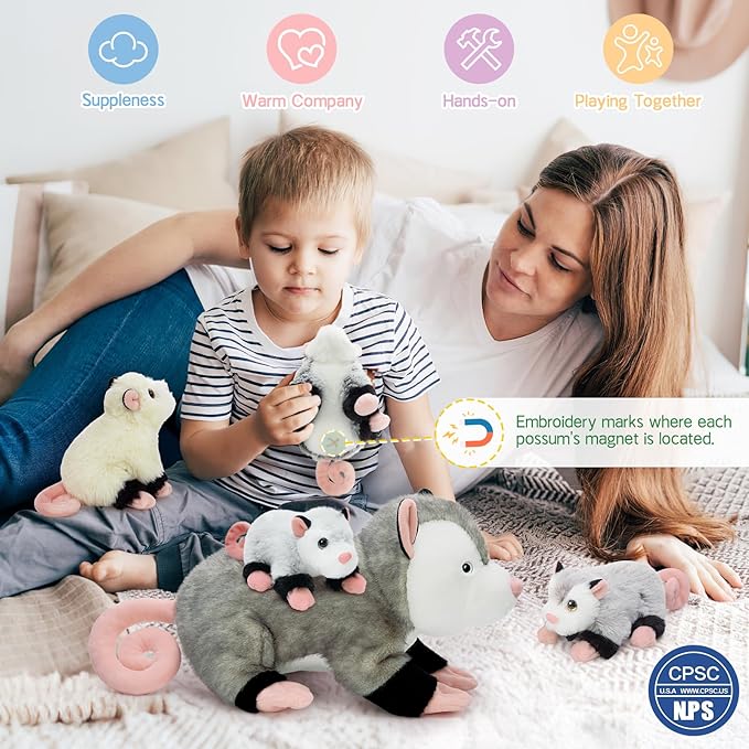 Tezituor 5Pcs Opossum Stuffed Animals Set, 24 Inch Large Mommy Stuffed Opossum Plush with 4 Cute Babies Toy, Realistic Possum Plush Pillow for Girls Boys
