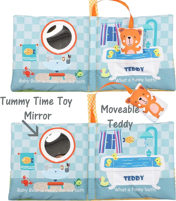 Bebe Mondo Teddy Bear Tummy Time Toy with Mirror, Soft Baby Book for 0-3-6-12 Months, Infant Sensory Developmental Toy, Shower Baby Gifts,Activity Quiet Cloth Book for Newborns,1-2 Year Old Book-Night