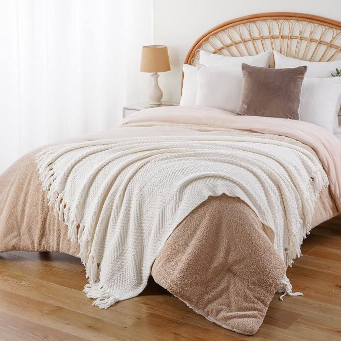 BATTILO HOME Cream Throw Blanket for Couch, Knit Throw Blanket, 50"x60" | Ivory Throw Blanket for Bed, Warm Decorative White Blanket Throw for Home Decor