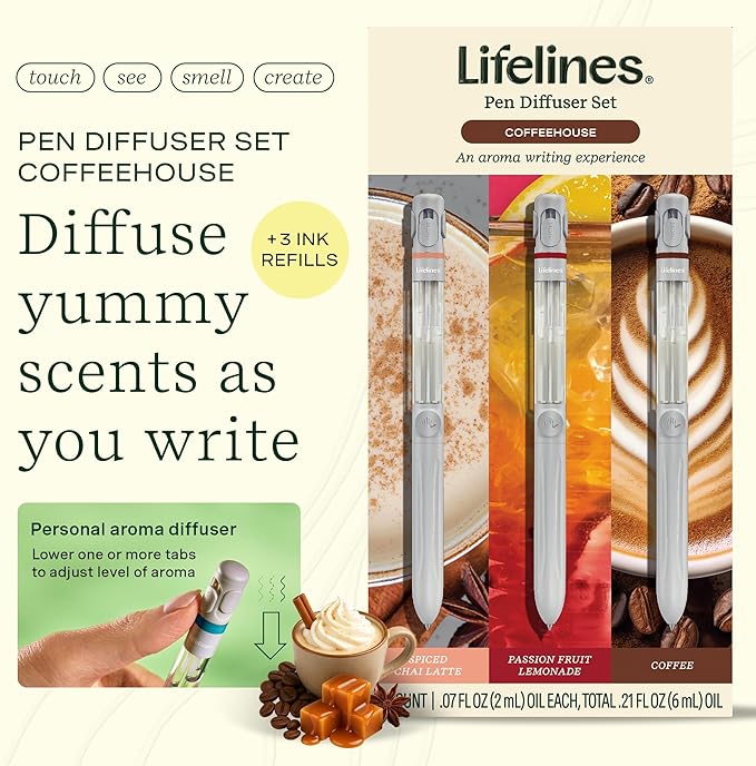 Lifelines Pen Diffuser Set, Coffeehouse 3-Pack - 1mm Black Ballpoint Pens with Scented Essential Oil Blends – Aromatherapy Diffuser & Sensory Immersion Diffuse Aroma As You Write