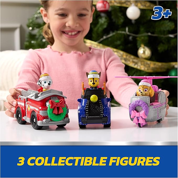 Paw Patrol Holiday Vehicle Bundle, Holiday-Themed Chase, Marshall & Skye Action Figures & Rescue Vehicles, Kids Toys for Boys & Girls Ages 3 & Up