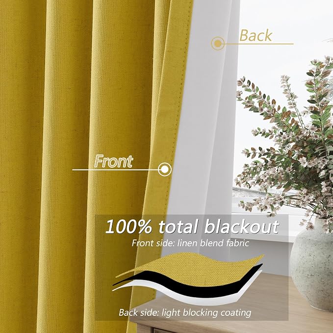 Guken 100% Blackout Curtains 120 Inch Length 2 Panels Set for Living Room Bedroom Back Tab Thermal Insulated Black Out Linen Drapes Room Darkening Celery Yellow,52x120