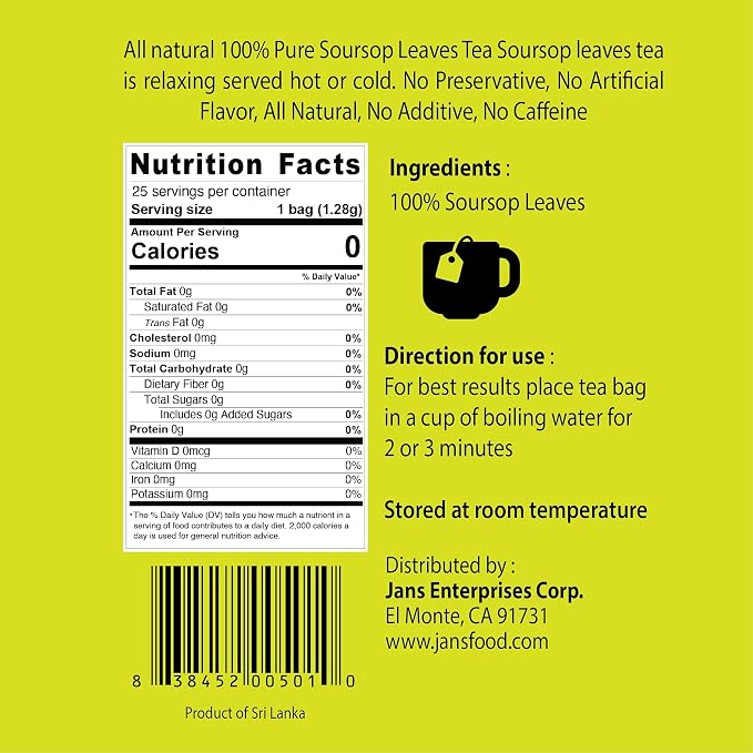 Soursop Tea (75 Tea Bags, Box of 3 x 25 each) by Jans | 100% All Natural Graviola/Guanabana Leaves Cholesterol-Free, Sugar-Free, Sodium-Free | Best Served Warm | Gental Herbal Aroma