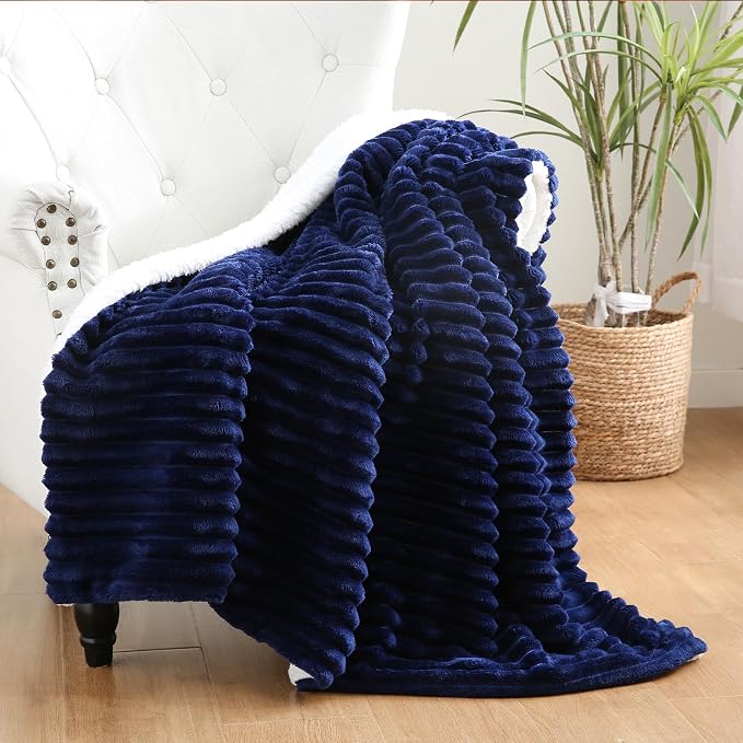 Navy Blue Sherpa Fleece Throw Blanket 108”×90”for Couch Sofa | Double Side Soft Fuzzy Cozy Plush Thick Flannel Blanket with Striped Design Gift for Adults,Woman