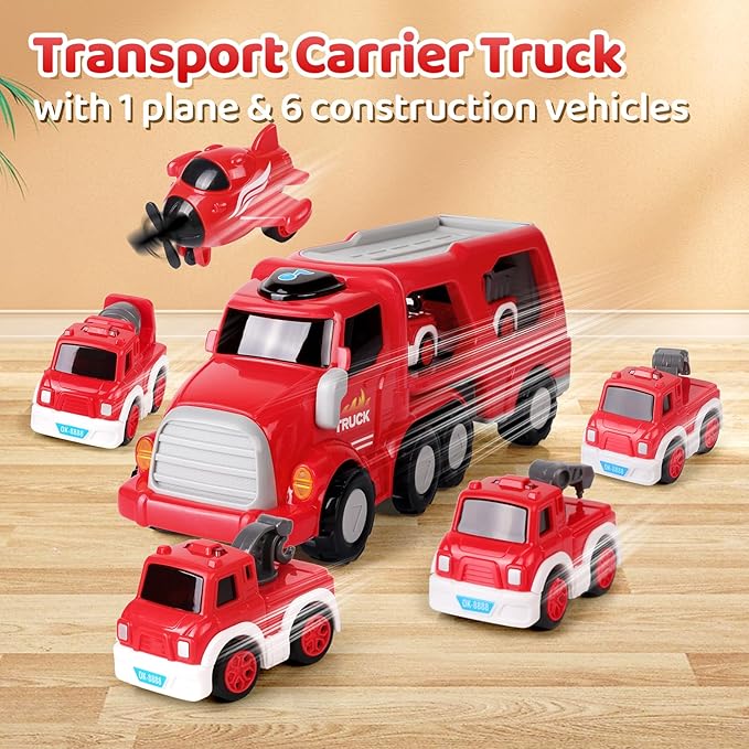 MindPal Fire Truck Toy for 3 4 5 6 7 Years Old Toddler Boys, 8-in-1 Fire Car Carrier Vehicle Set for Boys Age 3-5, Transport Car with Light & Sound, Kids Toys Cars Set for Birthday