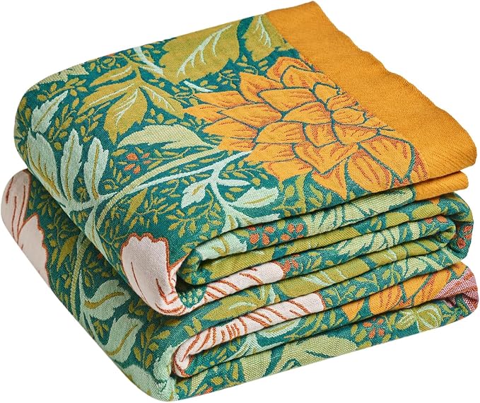 LUTBM Boho Throw Blanket for Couch 50"x60", Cotton Decorative Bed Throw | Green Reversible Floral Embroidery, All-Season Muslin Blankets, For Chair Sofa Bedroom Living Room Decor, Lightweight Gauze