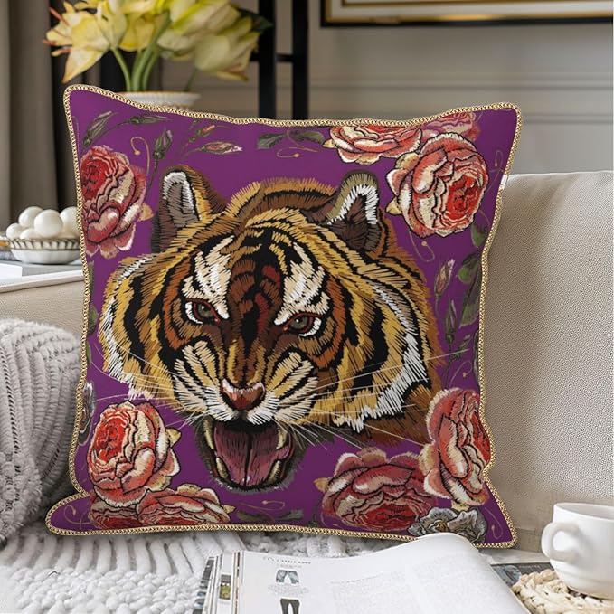 Tiger Flower Purple Velvet Pillow Covers 18x18 Inch Pink Floral Animal Throw Pillows for Couch Cushion Covers Pillowcase Farmhouse Modern Pillow Cases for Sofa Bed Living Room Bedroom