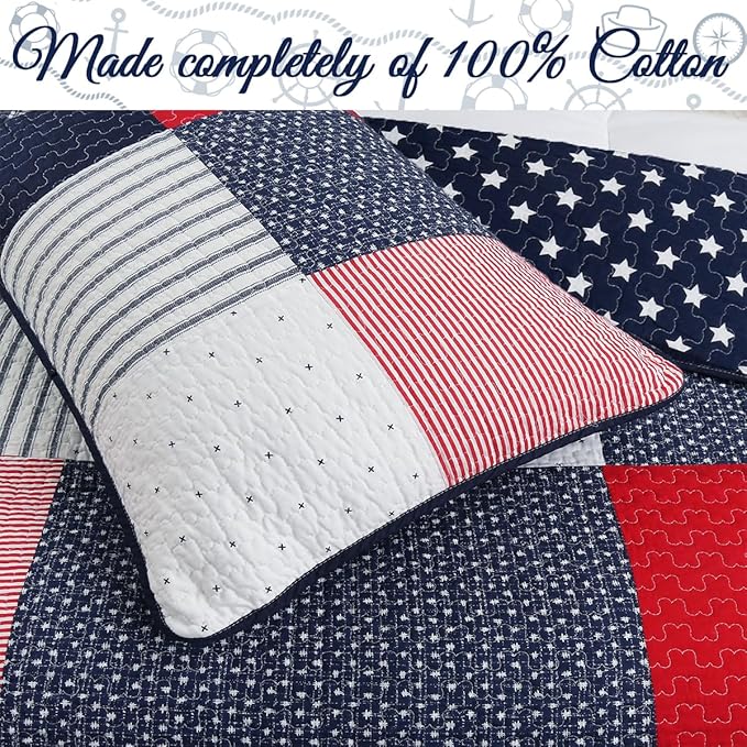 Cozy Line Home Fashions 100% Cotton Sailor Navy Blue Star Striped Print Cotton Reversible Bedding Quilt Set (Patriotic Patchwork, Queen)