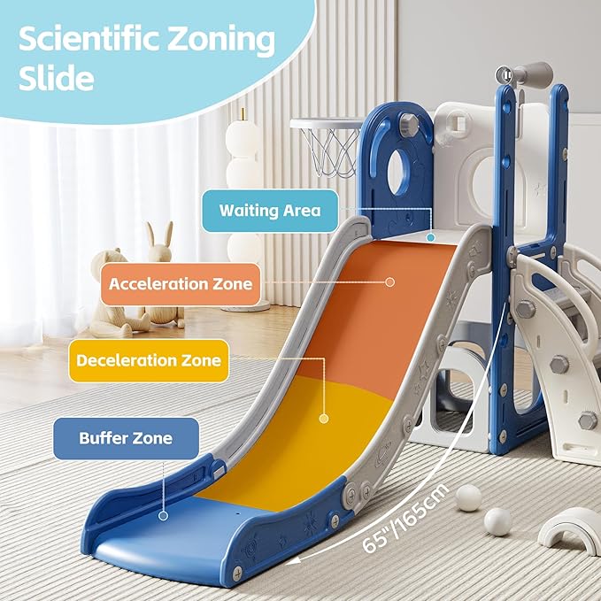 6 in 1 Toddler Slide, Indoor Outdoor Playground for Kids 1-3, Baby Slide with Basketball Hoop, Storage, Climber and Telescope, White Blue