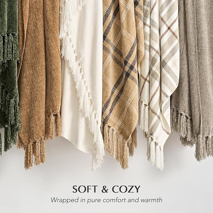 Plaid Chenille Knit Throw Blanket for Couch, 60"x80", Beige | Super Soft Knitted Throw with Tassels, Cozy, Decorative Farmhouse Plaid, Lightweight, Ideal for Bed Sofa Gift Home Decor