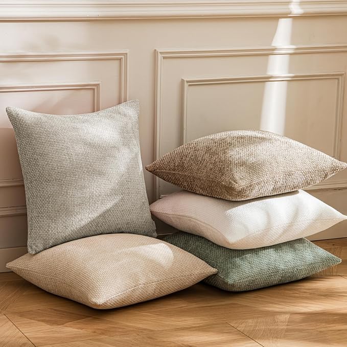 a moment Grey-Beige Chenille Throw Pillow Covers 16x16 Inch Pack of 2 Modern Decorative Throw Pillow Cases Farmhouse Cross Throw Pillowcases Home Decor for Sofa Bedroom Living Room