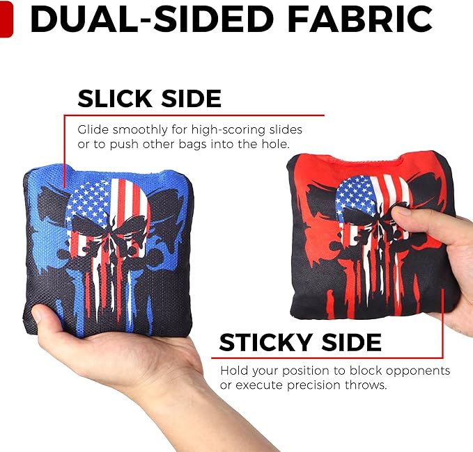 Professional Tournament Cornhole Bags Set of 8 Regulation 6”x6”, 15–16 oz | Dual-Sided Slick & Stick | Quad-Stitched Durability | Premium Resin Fill | Includes Carry Bag