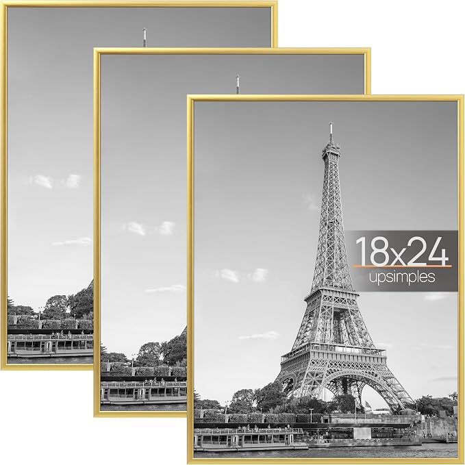 upsimples 18x24 Poster Frame, Easy Slide-In Assembly, Gold, 3 Pack | Gallery Wall 18 x 24 Picture Frames Set for Family, Wedding, Christmas, Easy to Change Photos