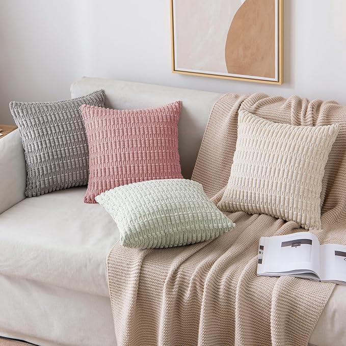 MIULEE Euro Sham Corduroy Decorative Throw Pillow Covers 24x24 Blush Pink | Pack of 2 Soft Boho Striped Pillow Covers Modern Farmhouse Home Decor For Sofa Living Room Couch Bed