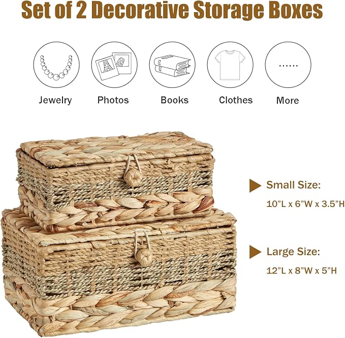 2PCS Wicker Storage Baskets with Lids Decorative Rattan Boxes | Handmade Natural Boho Woven Bins, Water Hyacinth Seagrass Paper Rope, Memory Keepsake Photo Makeup Container, Shelf Organizer