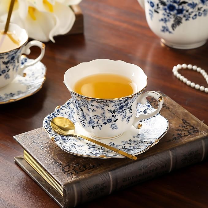 TATSUMI Country Roses Porcelain Tea Set, European Ceramic tea set for adults,Vintage Style, For Women and Tea Parties (BLUE, 13 Pieces Set)