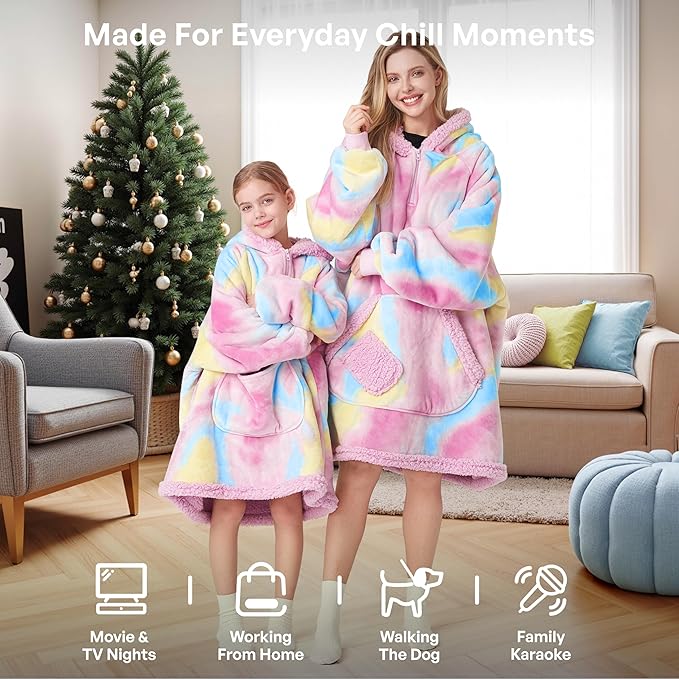 Giggling Getup Wearable Blanket Hoodie for Girls and Boys Warm Cozy Sherpa Fleece Hooded Blanket Sweatshirt Oversized Hoodie with Giant Pocket & Sleeves for Kids Cotton Candy Tie Dye
