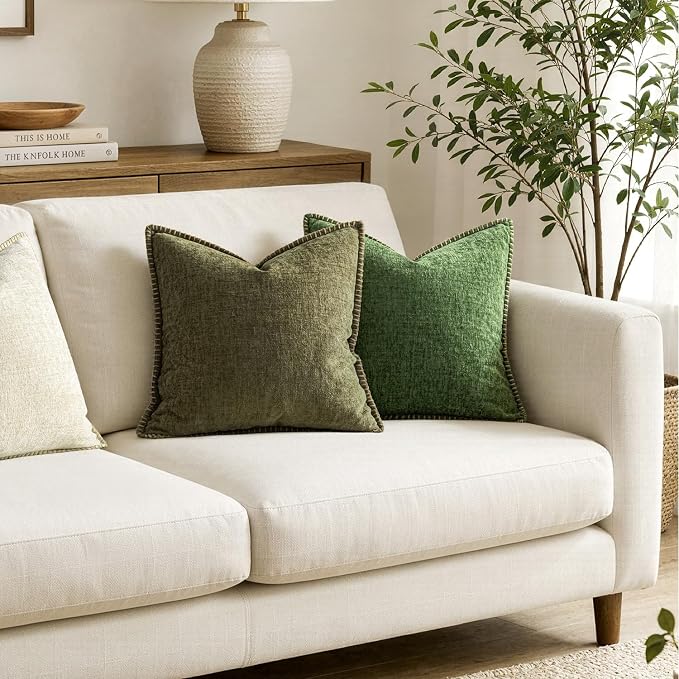 MIULEE Decorative Couch Throw Pillow Covers 16x16 Inch Olive Green 2 Pack | Farmhouse Pillow Covers with Stitched Edge, Soft Chenille Cushion Cases, for Sofa Bed Living Room Home Decor