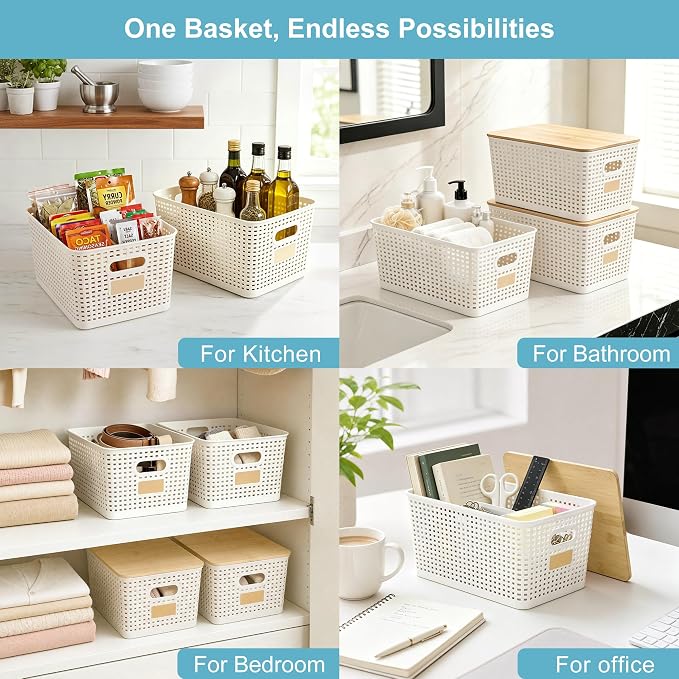 2 Pack Tall Plastic Storage Bins with Bamboo Lids, 10.8qt Stackable Storages Baskets for Organizing Desktop Closet Playroom Classroom Office, 12"L x 8.3"W x 6.1"H, Cream White